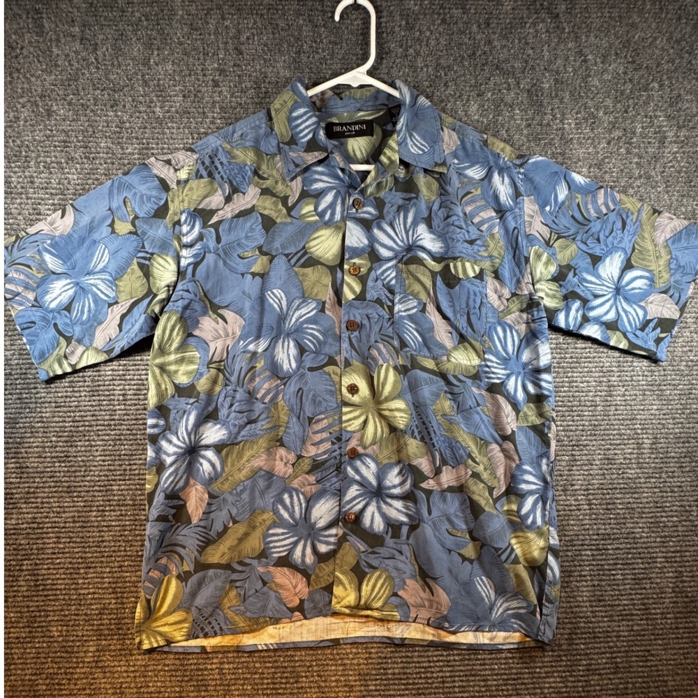 BRANDINI Pure Silk Hawaiian Shirt Men's Size M Blue Floral Short Sleeve‎ Button